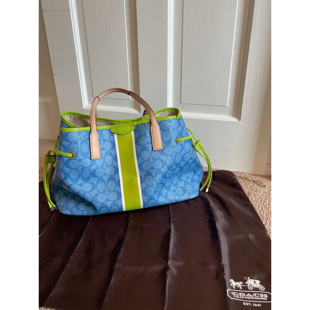 Coach F29064 Signature Stripe Drawstring Carryall Tote Blue Lime Green Leather